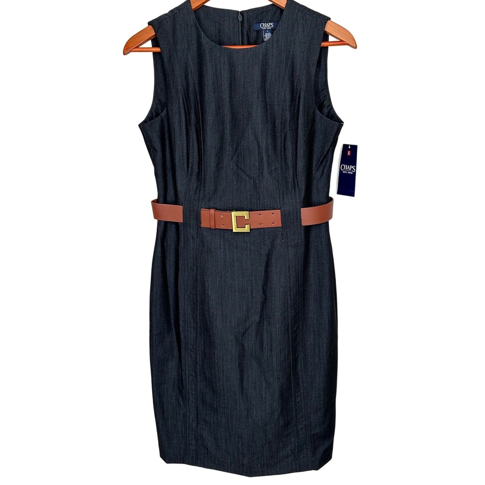 Chaps Navy Blue Belted Sleeveless Dress Zip/Hook Women's Size 6 NWT MSRP $79.00